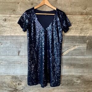 Lulus Light Up the Night Sequin Shift Dress S Navy V-Neck Mini New Years Holiday